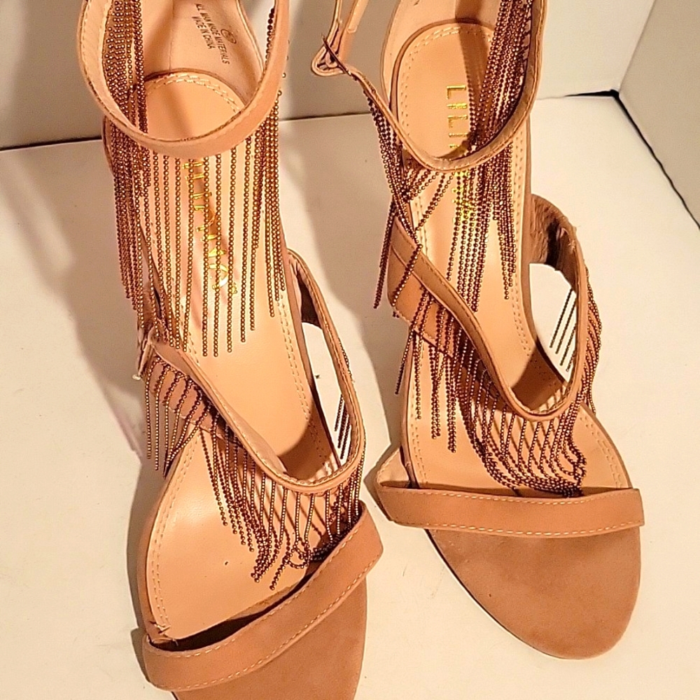 Liliana Tan Suede Heels With Gold Chains/Fringe Sz10 Gem